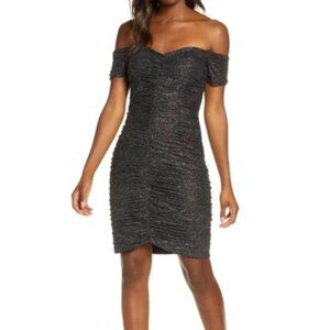 Eliza J Sparkle Ruched Off-The-Shoulder Cocktail Dress Black & Silver, Size 2